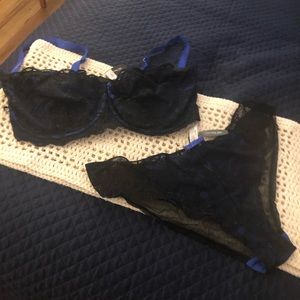 ADORE ME -Brand New Cobalt Blue/Black Lace 40 G Bra and XL Panty Set